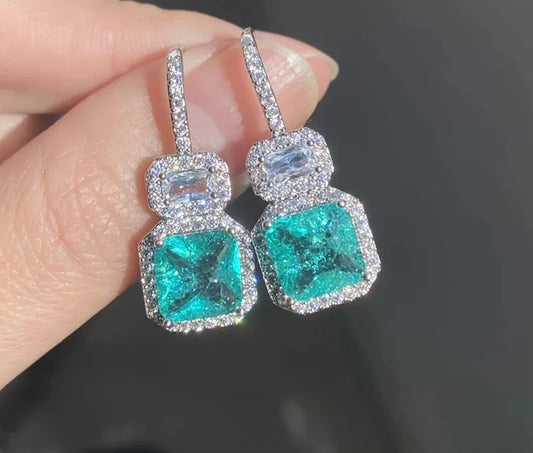 Gorgeous Princess Square Light Blue Cubic Zirconia Drop Earrings