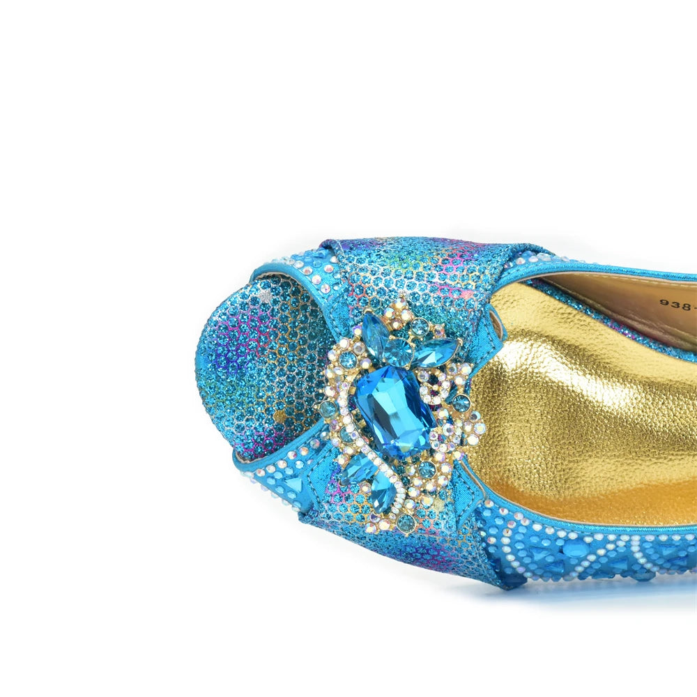 Women Low Heels Sandals Shinning Material with Rhinestone Italian Design Sky Blue Color Peep Toe Shoes and Bags Set