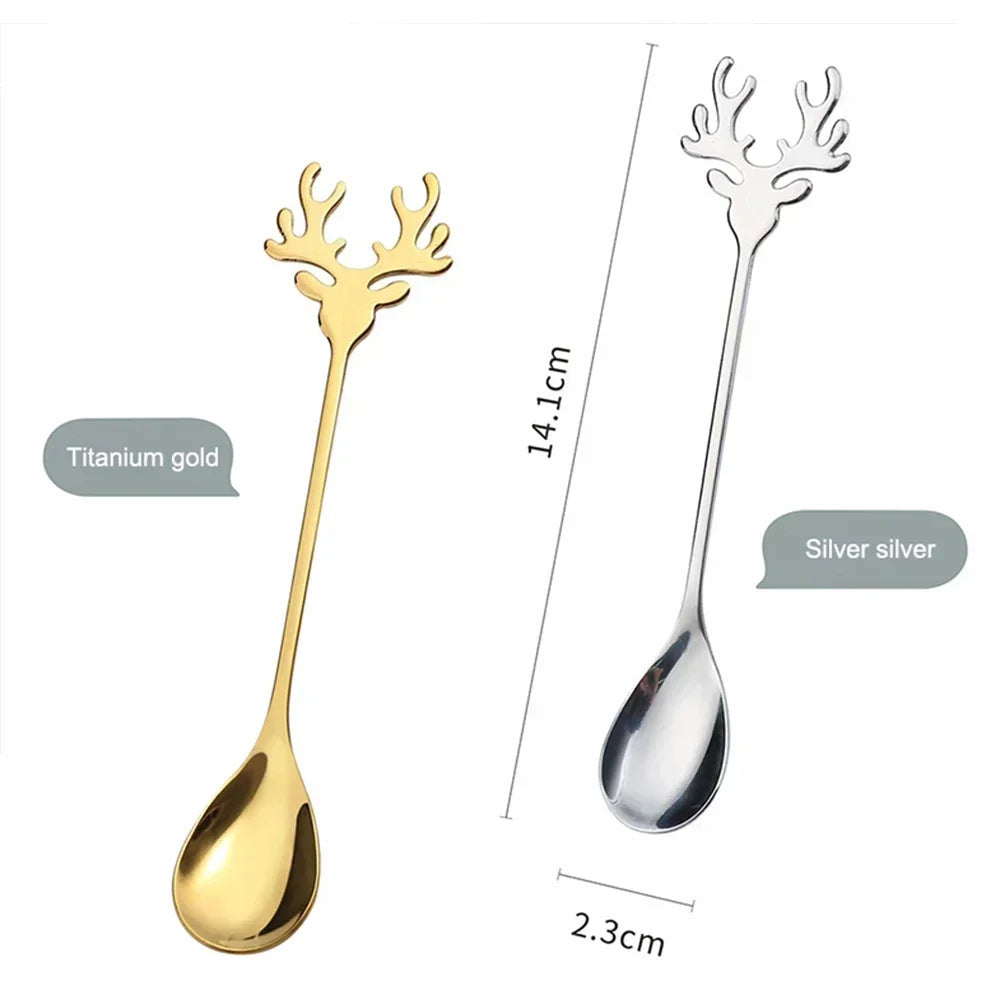 Nordic Dessert Spoon Elk Stainless Steel Coffee Spoons Stirring Tablespoon Little Deer Shape Christmas Tableware New Year Gift