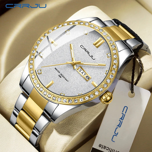New Luxury Rhinestones Dial Watches with Stainless Steel Band Wristwatch with Auto Date and Luminous Relogio Masculino