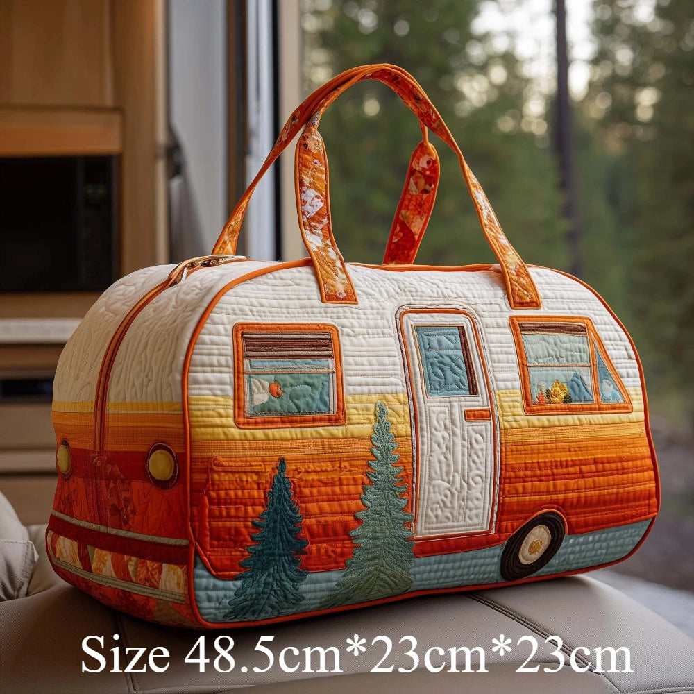 Handmade Quilted Travel Bag Vintage Artistic Camper Nature Duffle Bag Boho Weekender Tote for Men Women Camping Hiking Road Trip