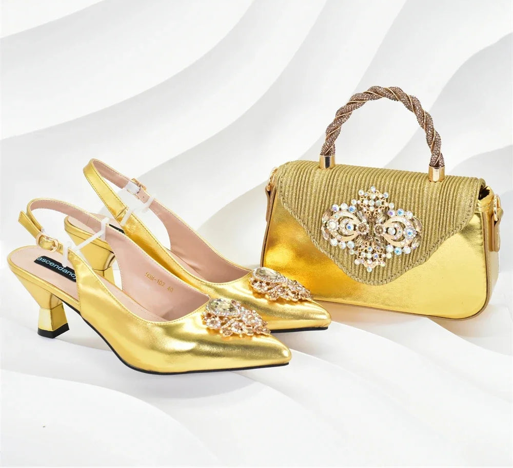 Women Shoes and Bags To Match Set Nigeria Party Nigeria Italian Shoes and Matching Bags Decorated with Rhinestone