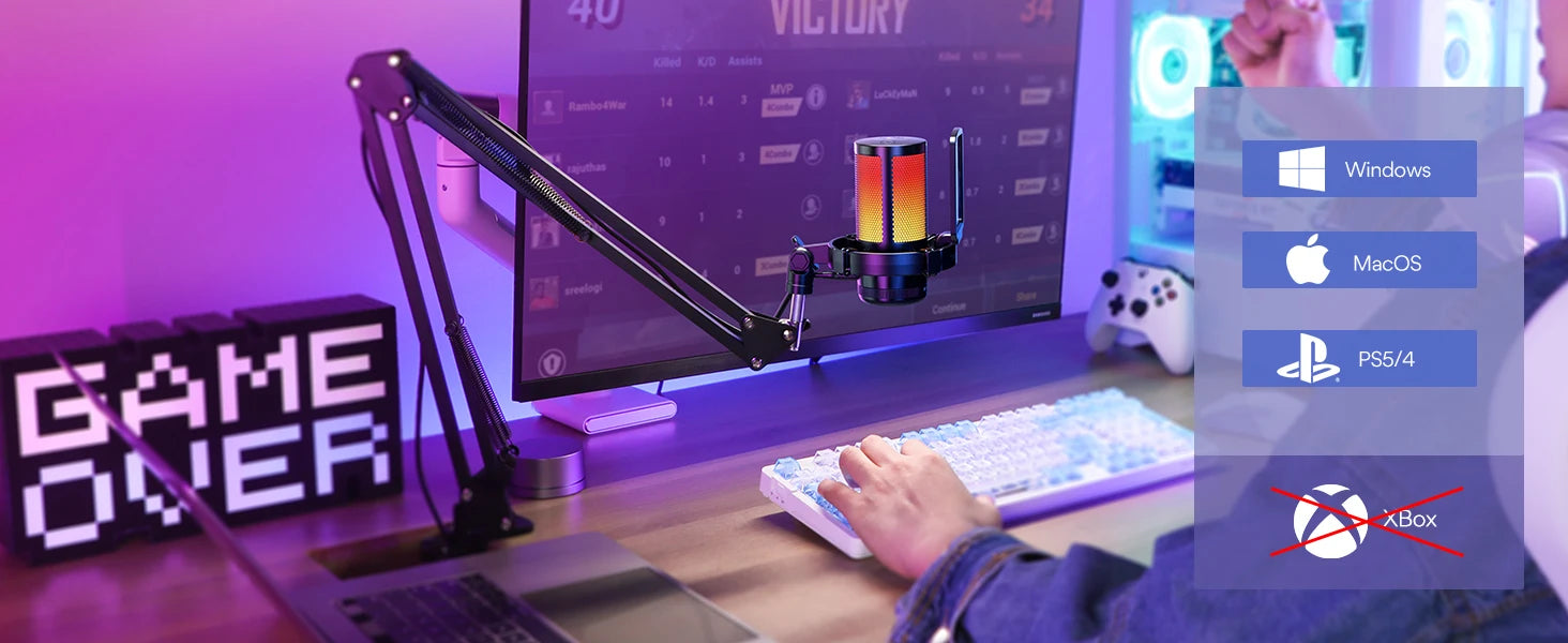 DGM20S USB Microphone Gaming Mic Condenser Mic RGB Mic Noise Canceling Mic with Mic Gain,RGB Light,One key mute