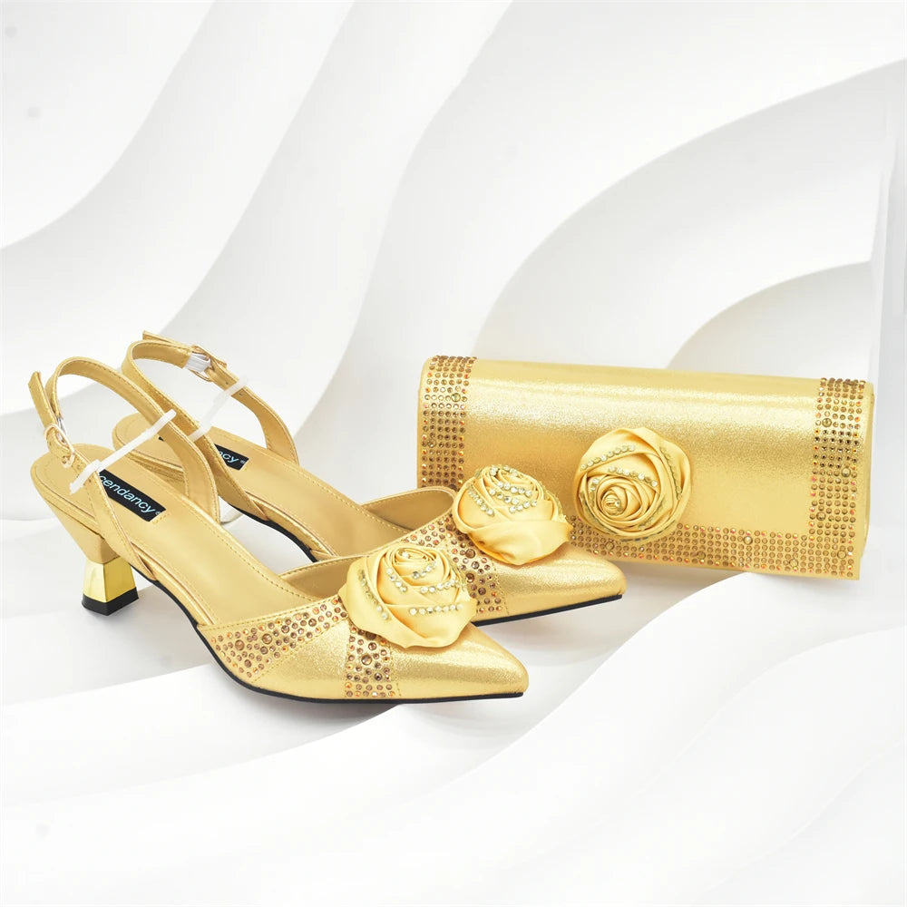 Italian Wedding Matching Shoes and Bags Decorated with Handmade Flowers Diamonds Pointed Toe Women Pumps with Purse