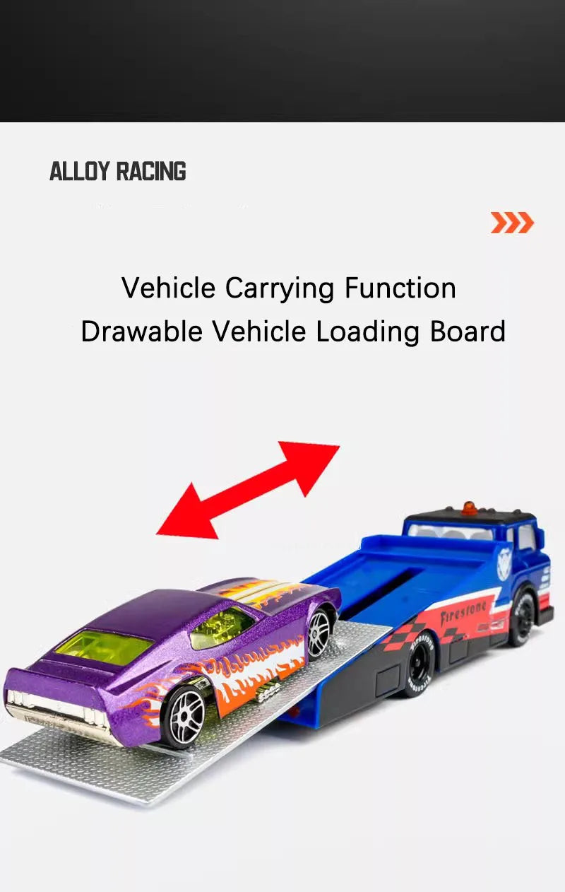 Scale 1:64 Container Alloy Trailer Model Toy Car Diecast Metal Movable Joint Pull Back Rescue Engineering Vehicles Gifts for