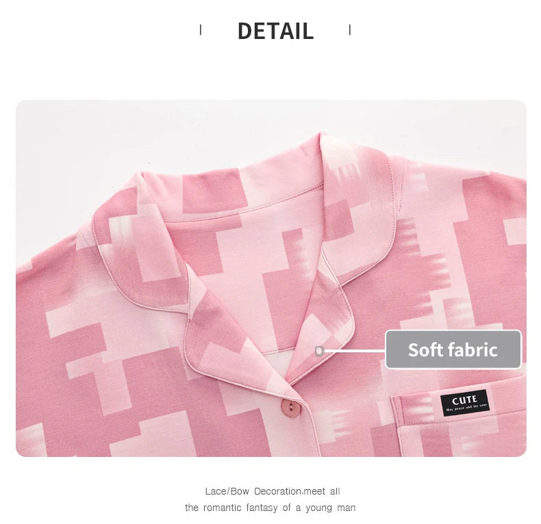 Women’s Winter 100% Cotton Pajama Set – Loose Fit, Turn-Down Collar, Long Sleeves, Cute Pink