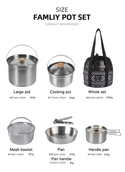 A Style Outdoor Stainless Steel 5pcs Camping Tourism Family 5L Portable Picnic Soup Frying Steaming Household