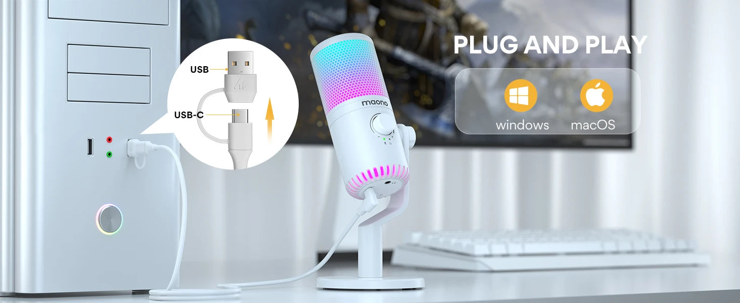 DM30 RGB USB Microphone RGB Gaming Microphone Computer Mic USB Gaming Mic with Mic Gain and RGB Lighting for PC, Phone