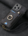 Luxury PU Leather Phone Case for iPhone 16 15 Pro Max 16e 14 Plus with Card Slot Ring Buckle Lanyard Back Cover