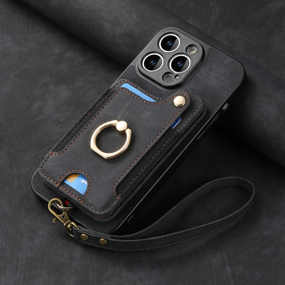 Luxury PU Leather Phone Case for iPhone 16 15 Pro Max 16e 14 Plus with Card Slot Ring Buckle Lanyard Back Cover