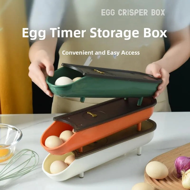 Refrigerator Egg Tray with Stable Timer & Cover – Automatic Egg Storage Box Home Food Organizer