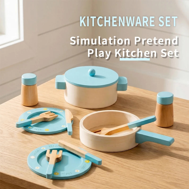 Wooden Pretend Play Kitchen Set with Pots Pans and Utensils
