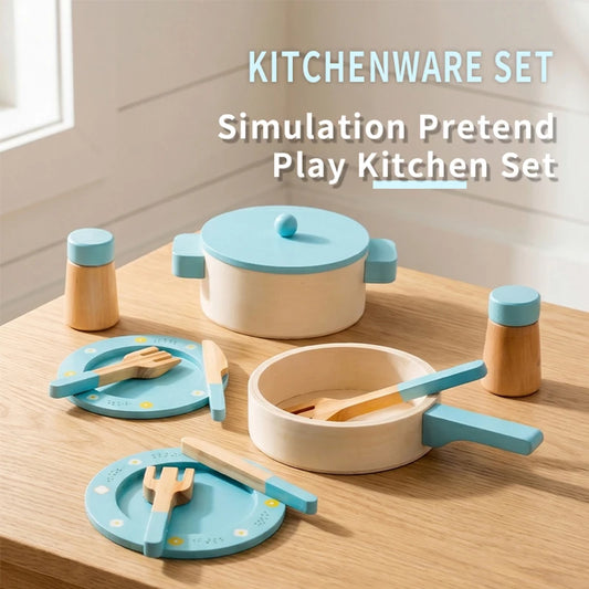 Wooden Pretend Play Kitchen Set with Pots Pans and Utensils
