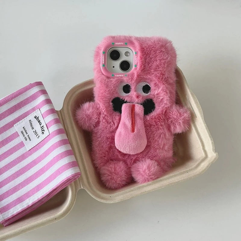 INS Couple Fur Monster Kiss Tongue Case For iPhone 16 15 14 13 Pro Max Korea Cute Cartoon Gift Anti-Drop Soft Back Cover