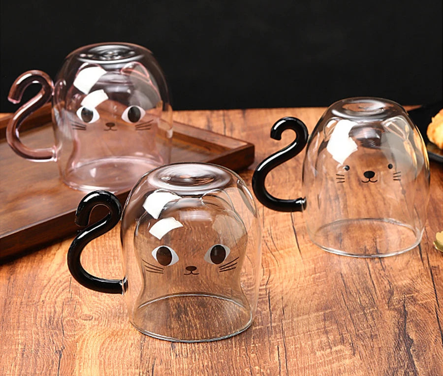 250ml Cartoon Cat Double Wall Glass Cute Coffee Tea Cup Heat-resistant Coffee Mug Handle Espresso Cup For Latte Cappuccino