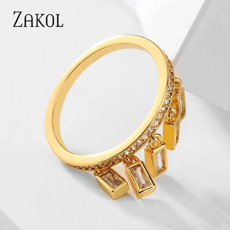 Rectangle Zirconia Tassel Rings for Women Personality Gold Color Pendant Finger Ring