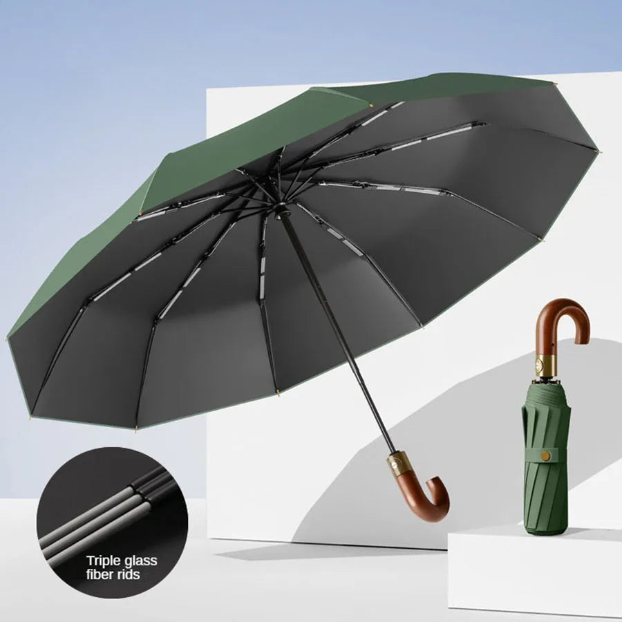 Windproof Automatic Folding Umbrella with UV Protection Curved Handle for Sun and Rain