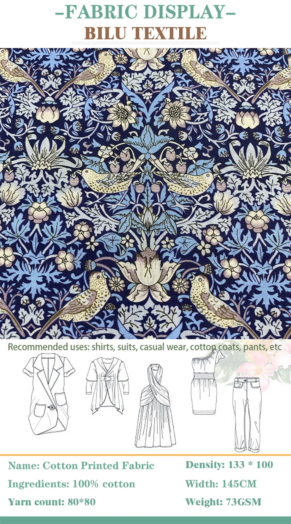 William Morris 80S Liberty Strawberry thief 100%Cotton tana lawn Poplin Fabric Digital Printing Diy Handmade Dresses Shirt Cloth