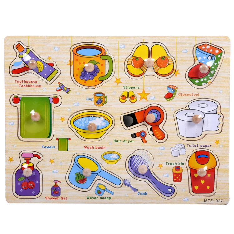 Montessori Wooden Puzzles Hand Grab Boards Toys Tangram Jigsaw  Educational Toys Cartoon Vehicle Animals Fruits 3D Puzzles