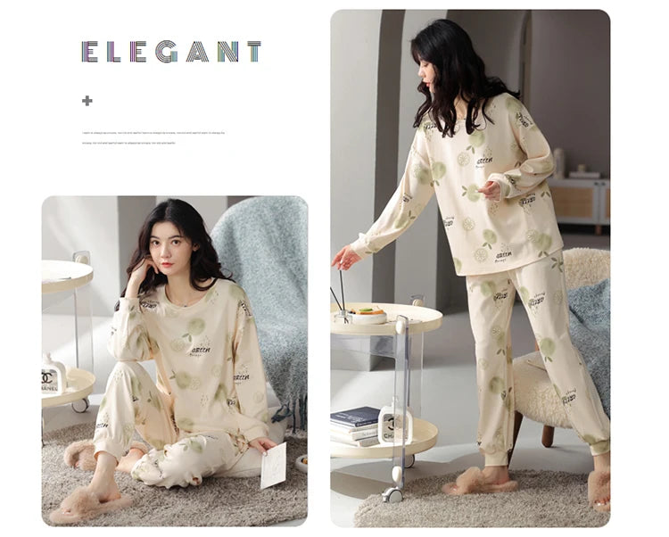 Women’s Cute Lazy Style Cotton Pajama Set – Soft, Loose Long Sleeves & Pants