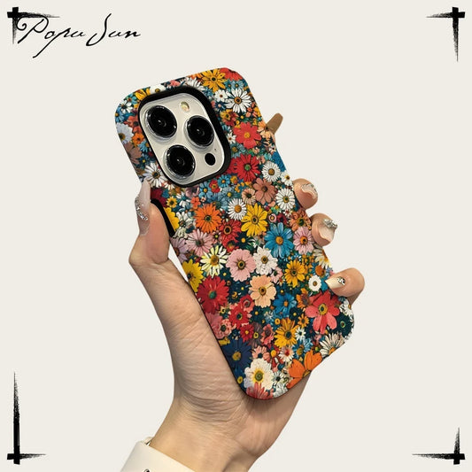 Art Drawing Flower Printed Daisy Phone Case for iPhone 16 15 13 14 Pro Max 16 15 Plus 2 in 1 Hard Protection Cover