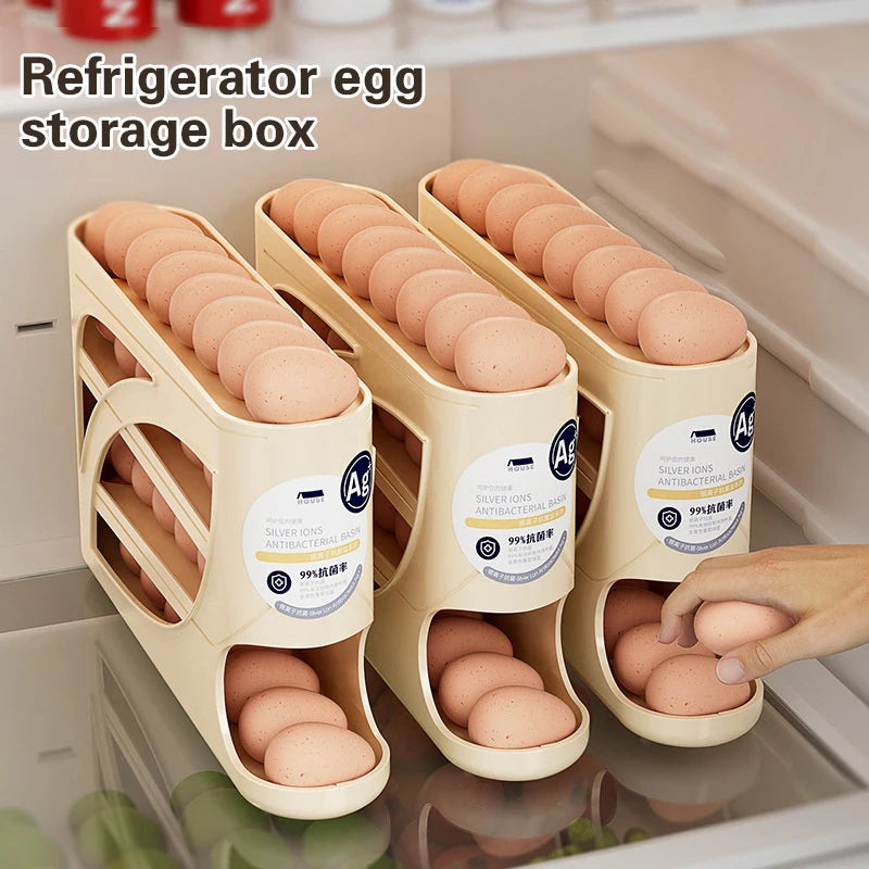 4-Layer Automatic Rolling Egg Holder Rack – Refrigerator Egg Storage Box Kitchen Organizer