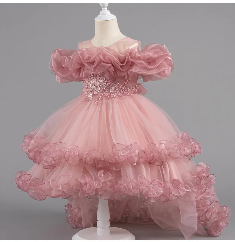 Luxury Off-Shoulder Girls' Dress - Convertible Tulle Ball Gown for Birthday Parties & On-Stage Events