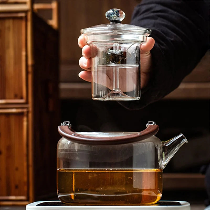 1100ml Suction Handle Beam Glass Teapot With Tea Strainer Infuser Steaming and Boiling Flower Tea Puer Dual-use Tea Pot