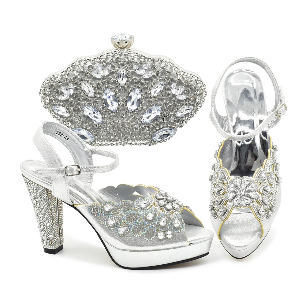Style Matching Bag and Shoes Set Italian Women Design Shoes Matching Bag Decorated with Rhinestone Luxury Pumps Women