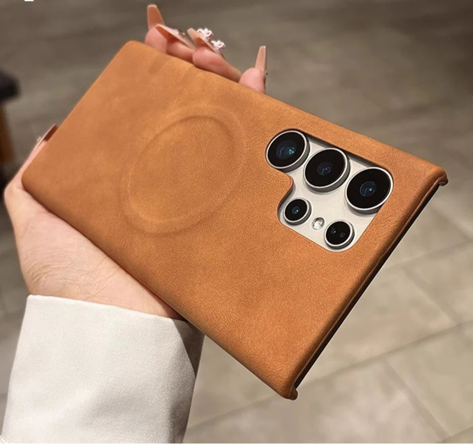 Luxury Leather  For MagSafe Wireless Charging Phone Case For Samsung S23 S24 S25 Ultra Lambskin Solid Color Hard Cover