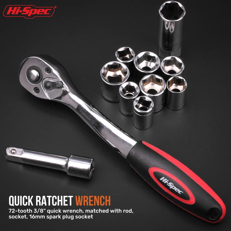 Hi-Spec Car Repair Tool Kit Socket Wrench Set 1/4 3/8 1/2 Ratchet Combination Tool Set for Home & Auto Maintenance