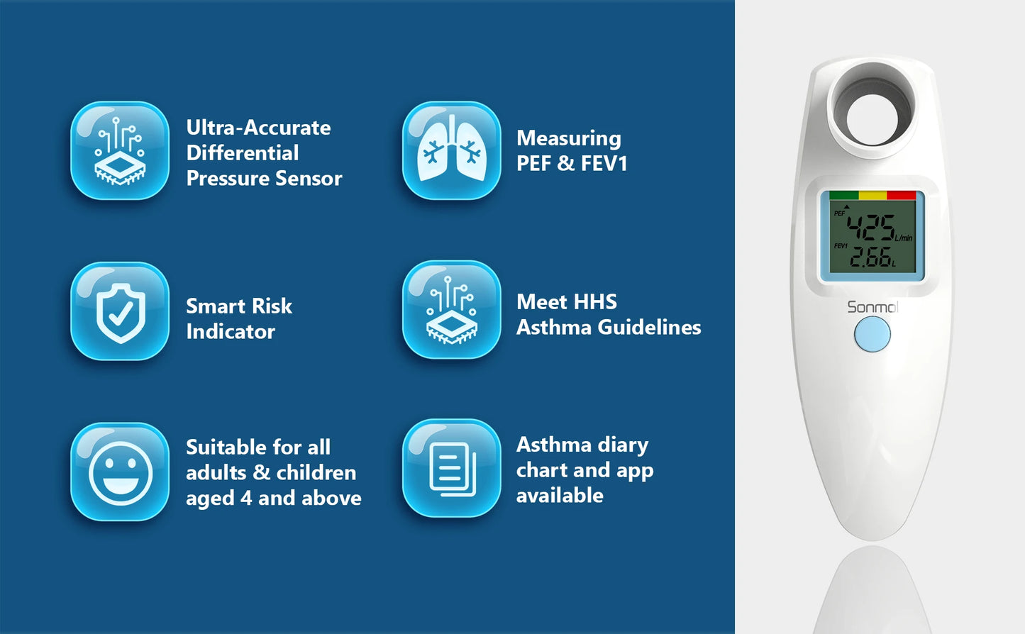 Digital Peak Flow Meter for Forced Expiratory Volume Lung Tester Portable Home Asthma COPD Control Device