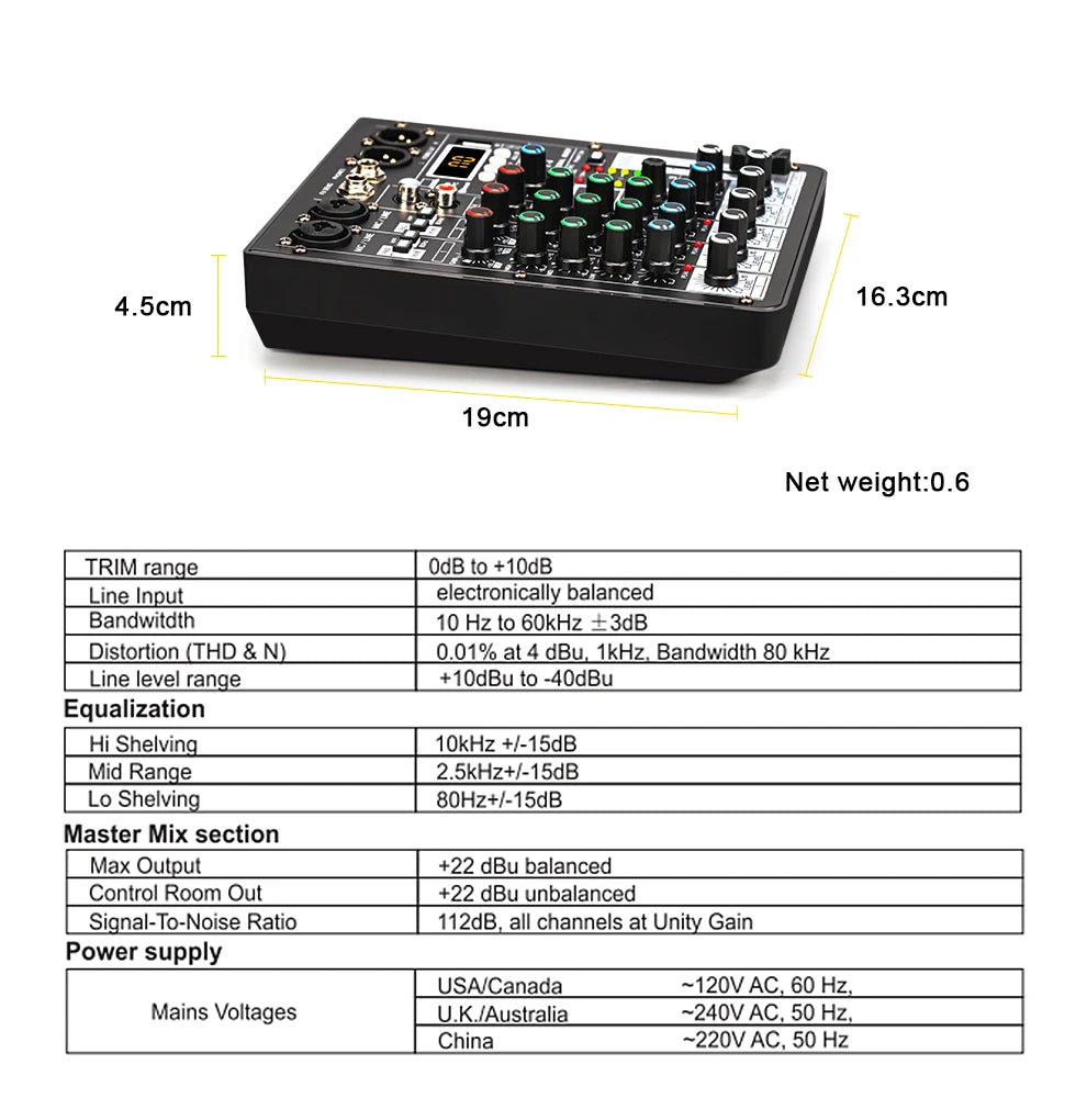 4 Channel Audio Mixer With 99 DSP Effects Bluetooth USB And 48V Phantom Power