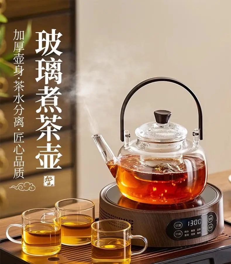 Heat Resistant Glass Tea Kettle with Filter Bamboo Handle Flower Tea Pot 1L