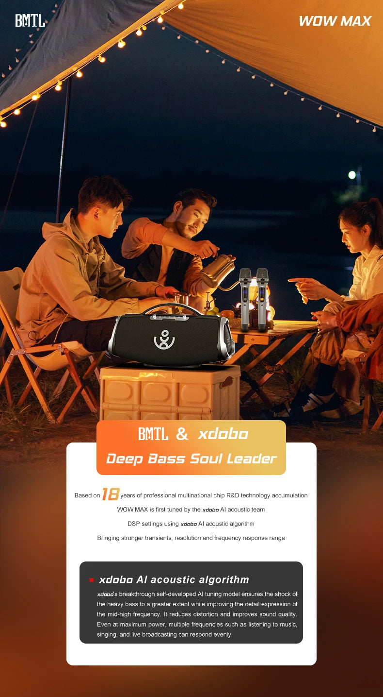 BMTL WOW MAX 300W Powerful Portable Speaker with 2 Wireless Microphones 3-way PA System Support Power Bank AUX/USB/TF/OTG