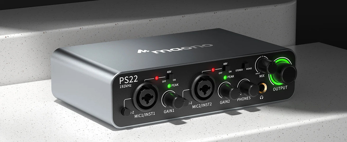 PS22 USB Audio Interface for PC,60dB Pro-Preamp, 24bit 192kHz,Dual USB Interface for PC and Smartphone, Routing Software