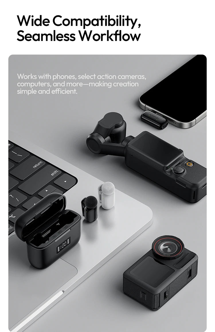 Wireless Lavalier Microphone Dual Mic Plug & Play for iPhone Android Live Recording