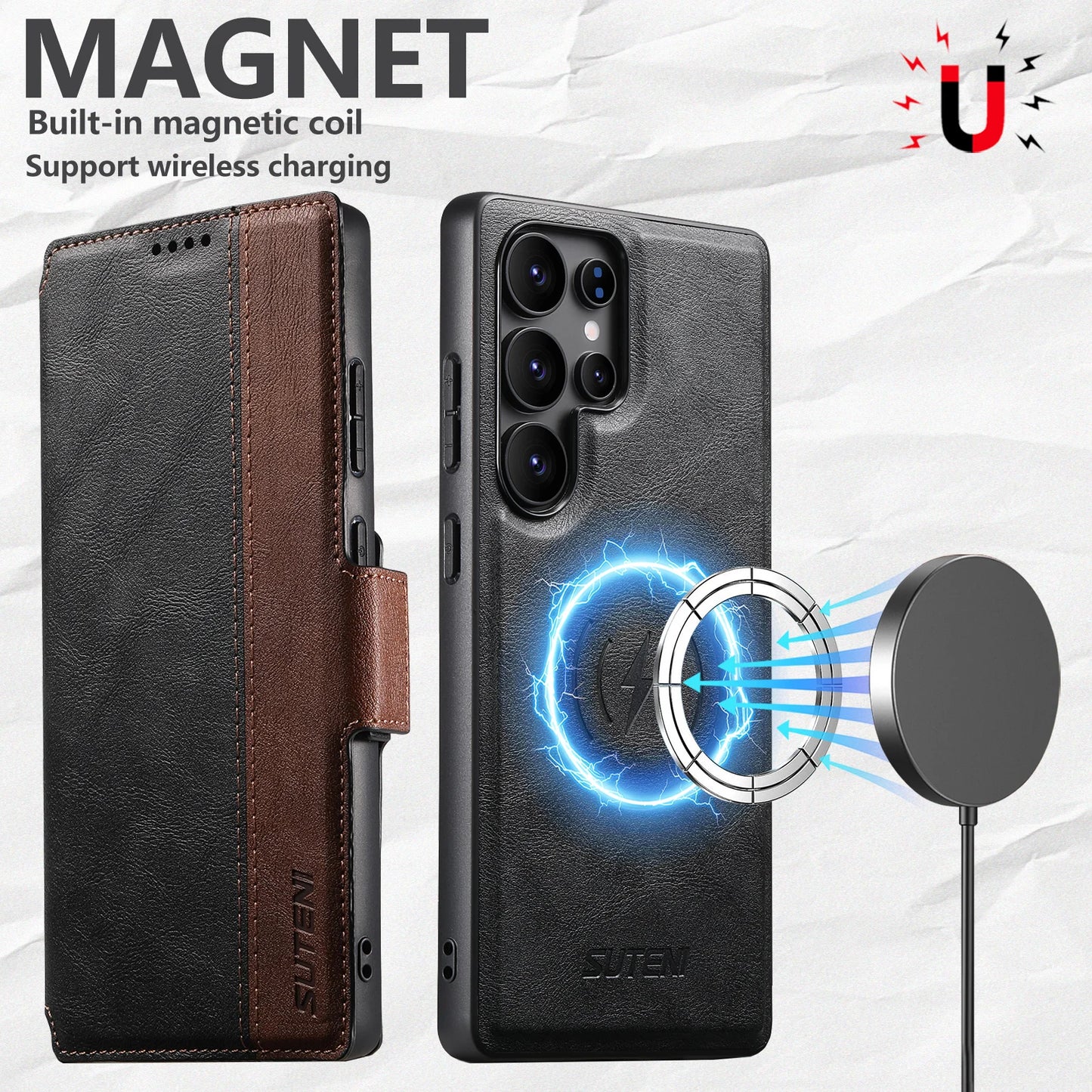 Magnetic Flip Wallet Case with Card Holder & Stand for Samsung Galaxy S26 Ultra / S25 / S24 / S23 – Faux Leather Wireless Charging Cover