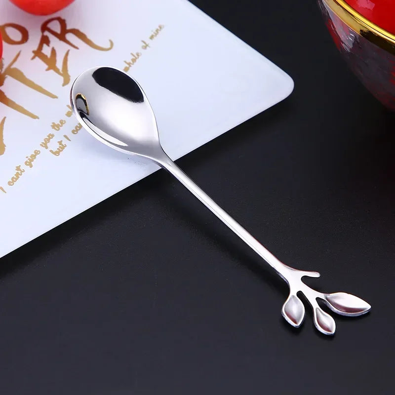 Gold Long Handle Spoon Stainless Steel Leaf Teaspoon Nordic Mini Stirring Spoons Small Fork for Dessert Coffee Honey Home Decor