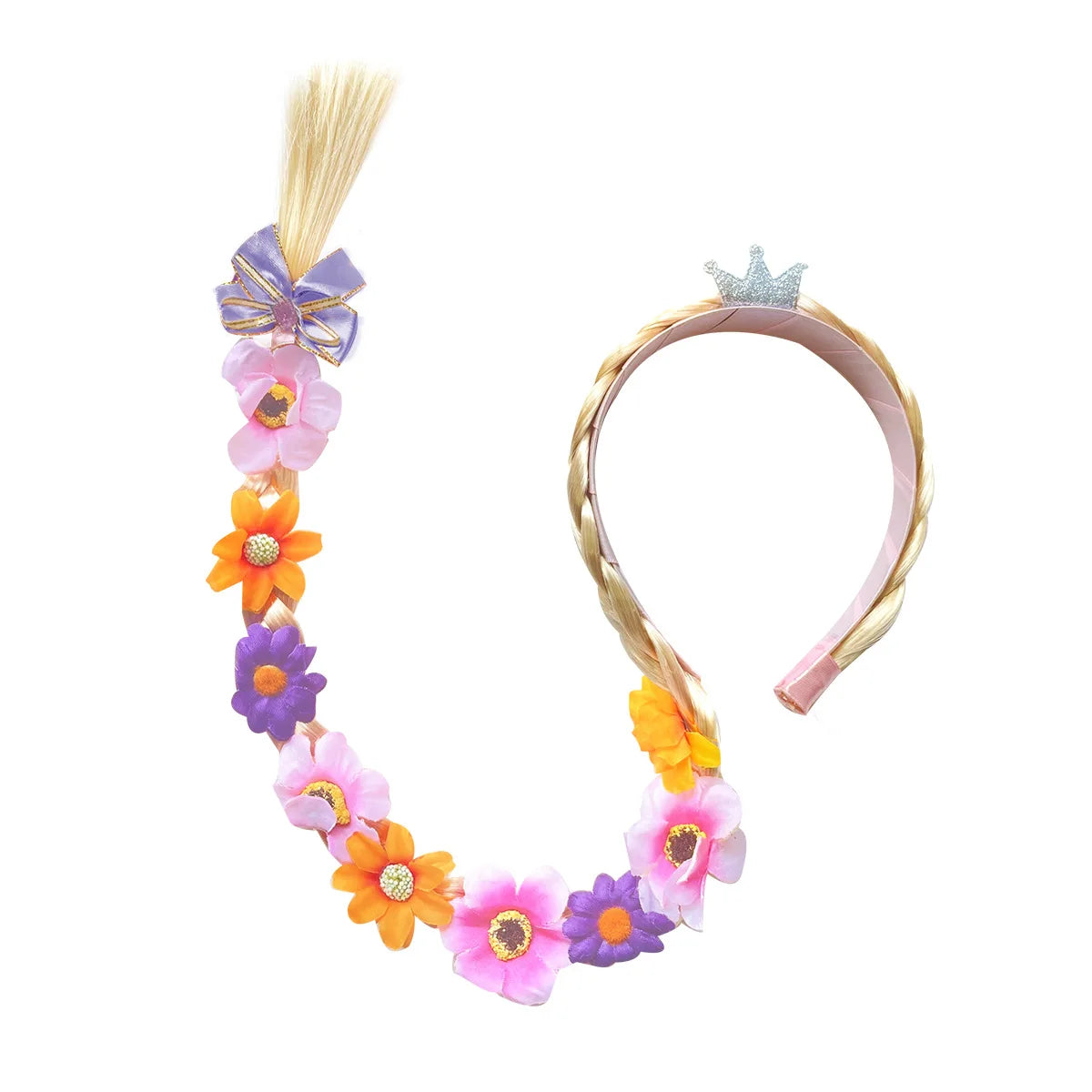 Princess Girls Flowers Headband Flower Fary Dress Up Weaving Long Braid Wig Headband Kids Halloween Rapunzel Cosplay Head Wear