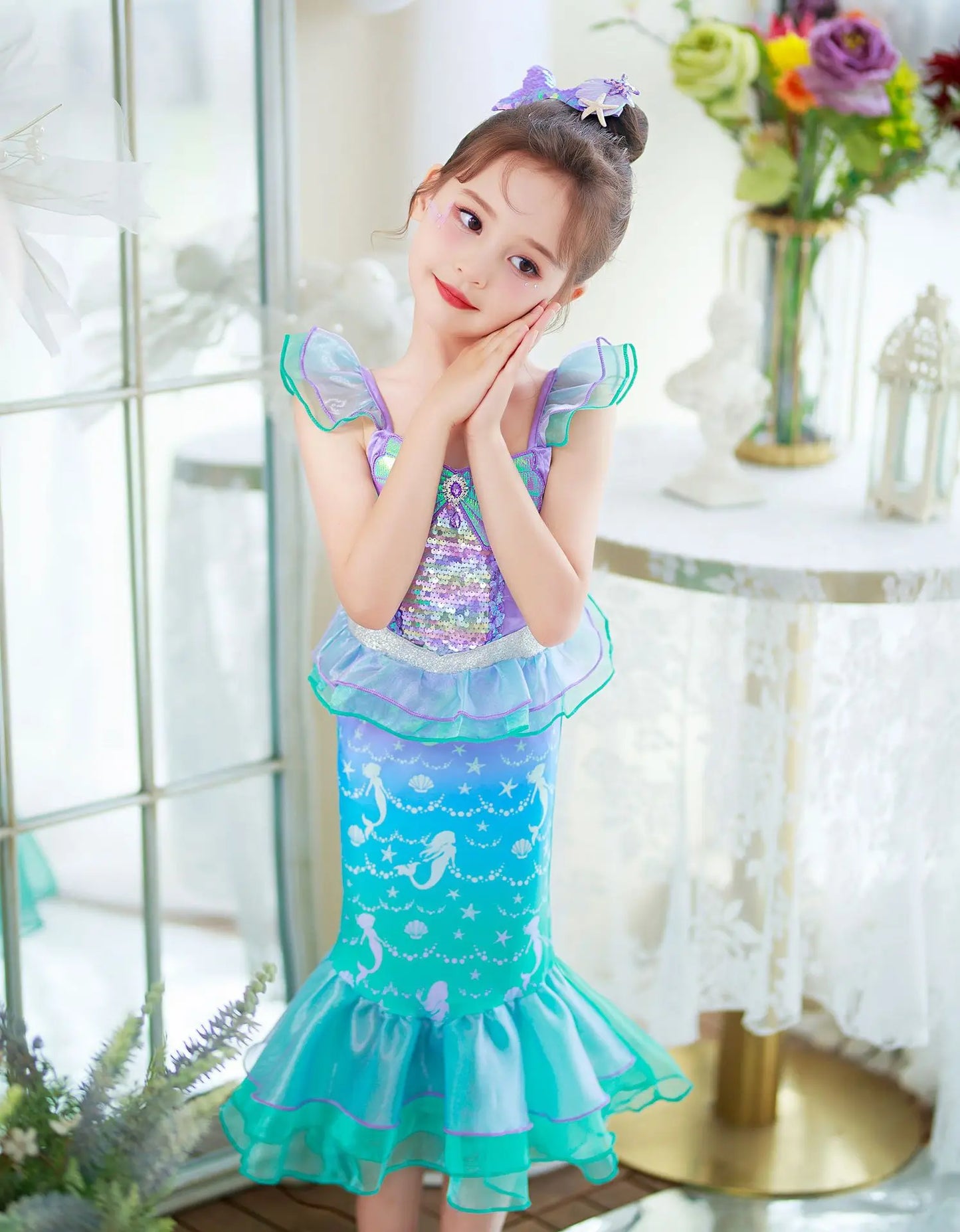 Mermaid Princess Dress for Girls - Summer flutter sleeves Sequin Tulle Dress Sparkling Ocean Themed Party Gown