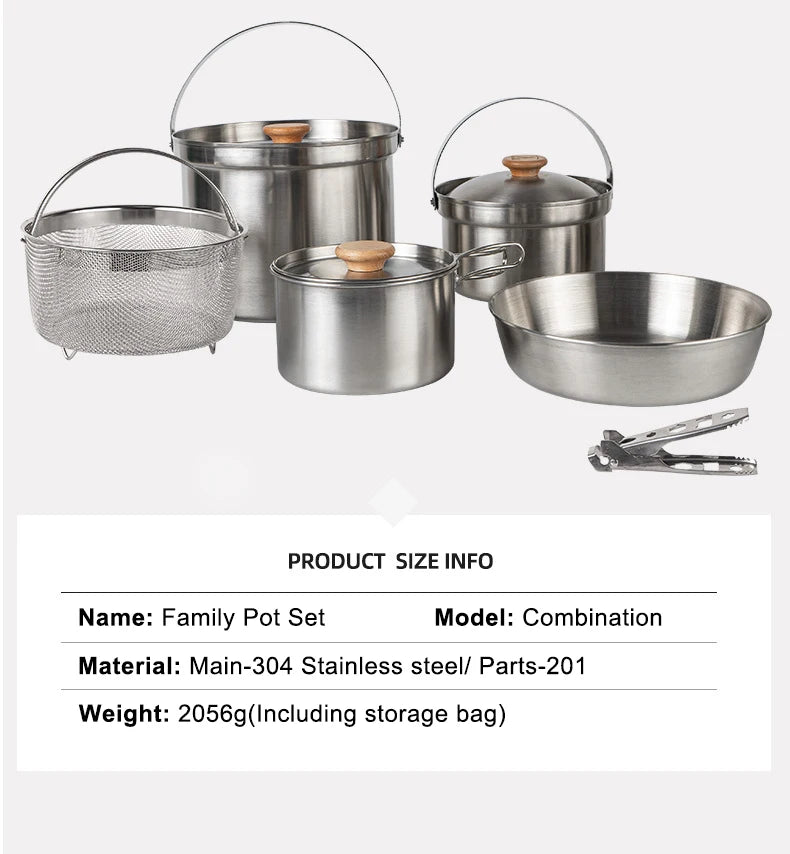 A Style Outdoor Stainless Steel 5pcs Camping Tourism Family 5L Portable Picnic Soup Frying Steaming Household