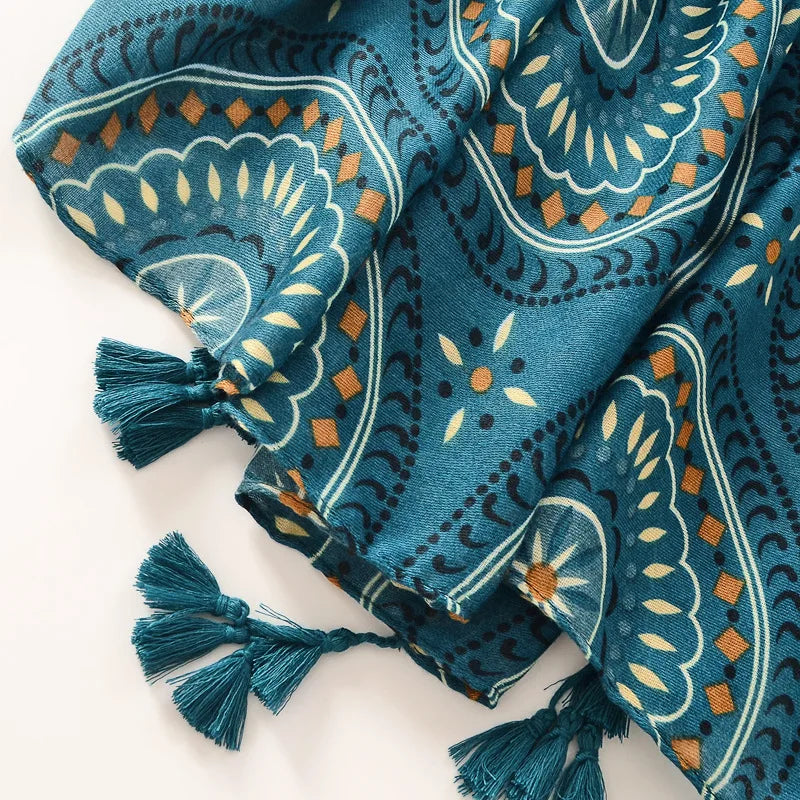 Spring Scarf Pink Blue Floral Paisley Printed Scarves Women Lady Girl Cotton Linen Bohemian Scarf For Summer Beach Shawl Bandana