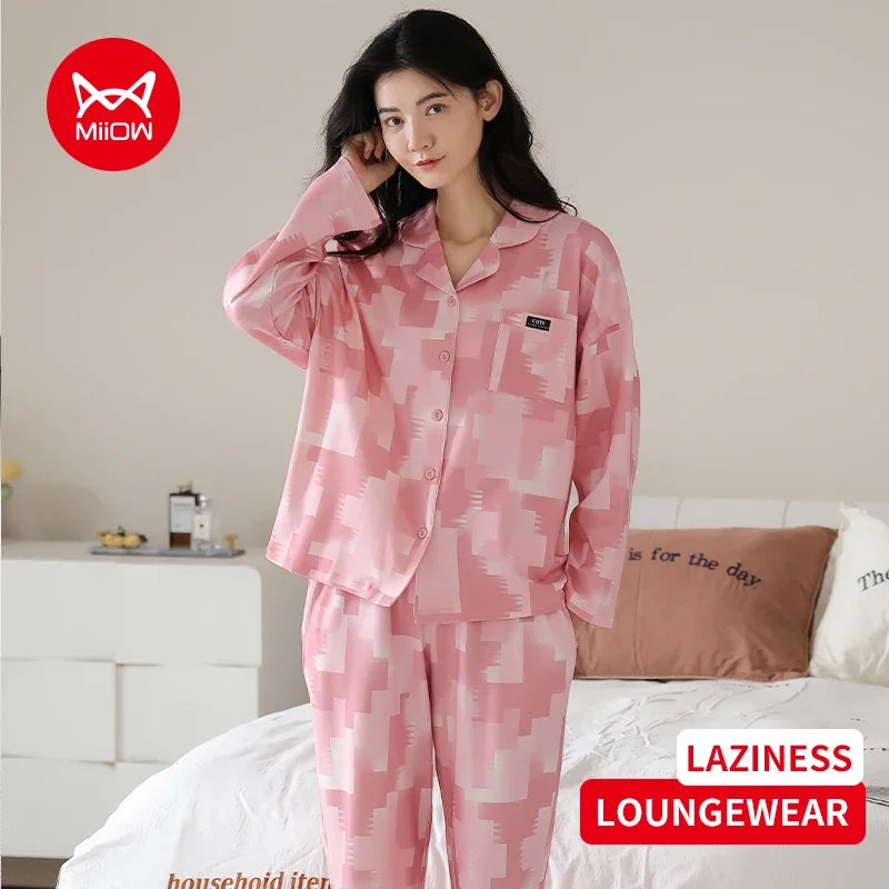 Women’s Winter 100% Cotton Pajama Set – Loose Fit, Turn-Down Collar, Long Sleeves, Cute Pink