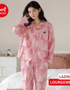 Women’s Winter 100% Cotton Pajama Set – Loose Fit, Turn-Down Collar, Long Sleeves, Cute Pink