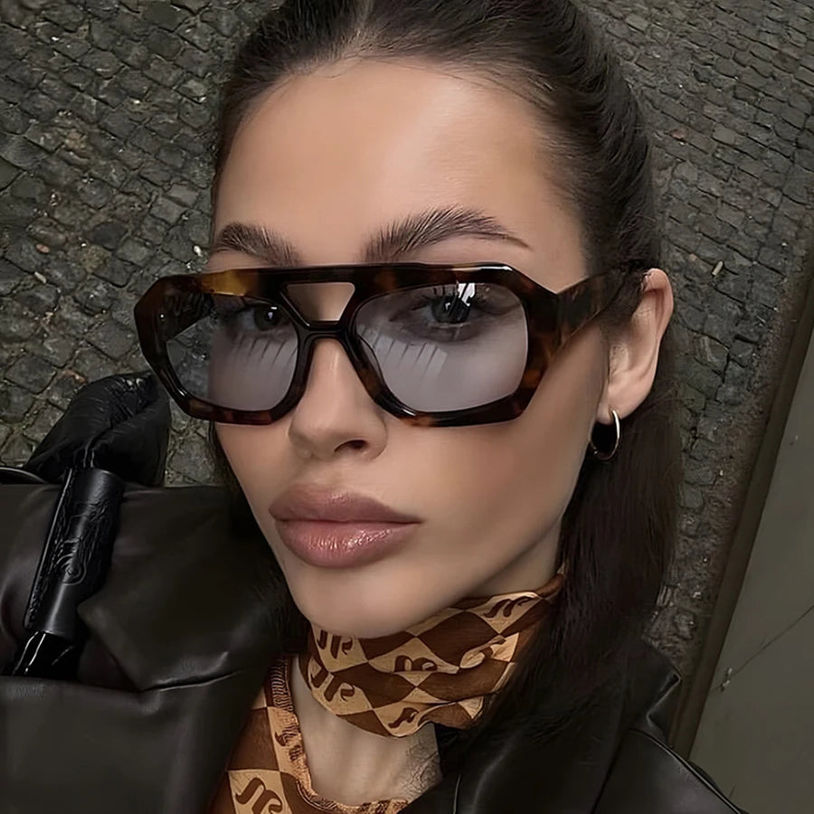 Big Frame Women's Sunglasses Retro Double Bridges Leopard Brown Gradient Eyewear Fashion Luxury Designer Sun Glasses