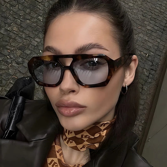 Big Frame Women's Sunglasses Retro Double Bridges Leopard Brown Gradient Eyewear Fashion Luxury Designer Sun Glasses