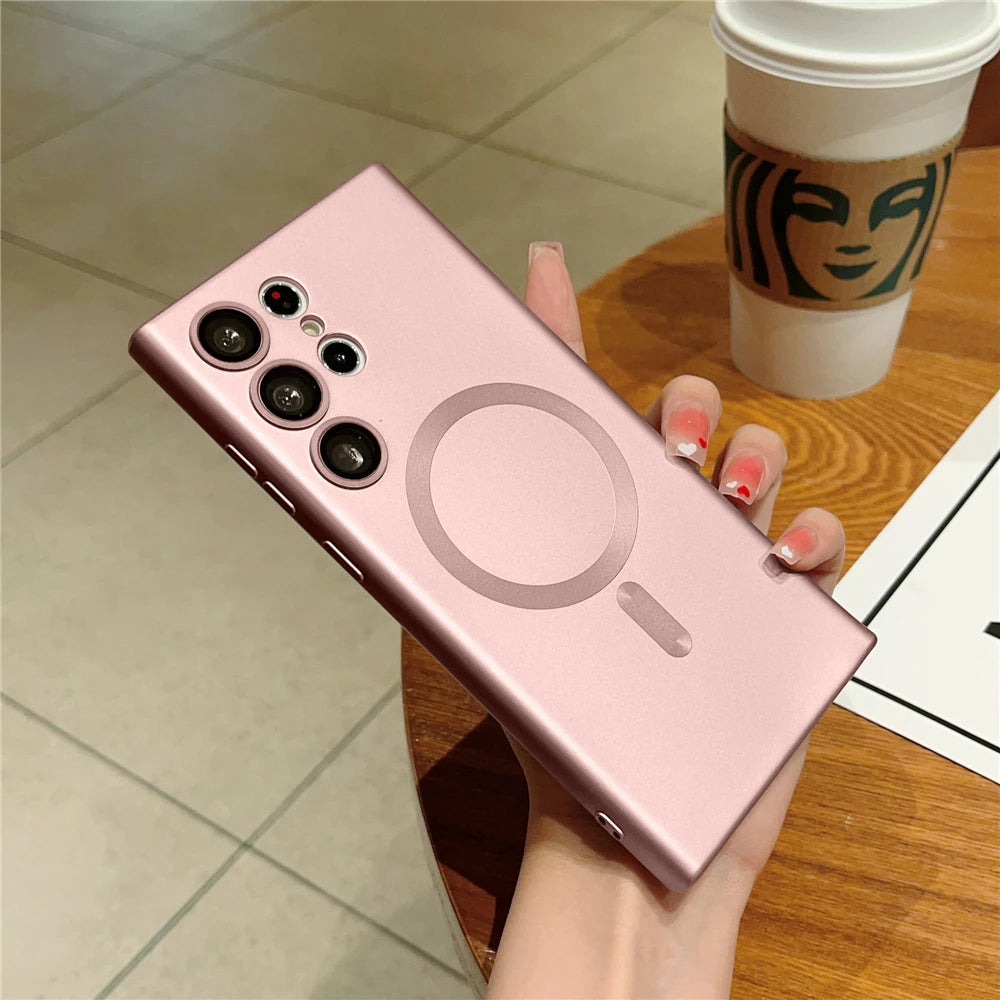 Matte For MagSafe  Wireless Charging Case For Samsung S24 S23 S22 Ultra Plus S21 FE Soft Silicon Lens Protection Cover