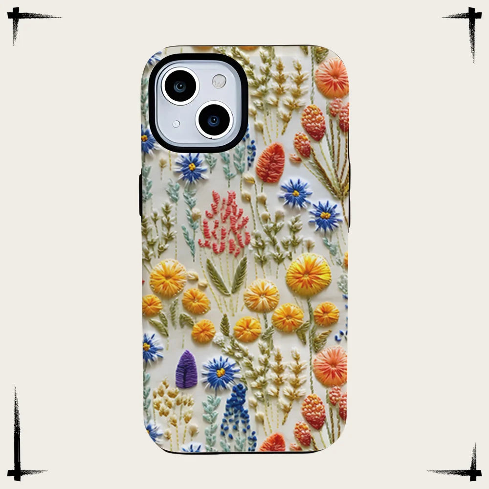 Wildflower Boho Embroidery Effect Flower Case for iPhone 16 15 Pro Max 14 Plus Protective 2 in 1 Double Deck Cover