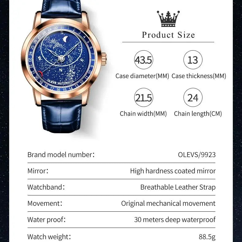 Automatic Mechanical Watch Rotate Moon Phase Diamond Dial Luminous Waterproof Blue Leather Strap Men's Wristwatch